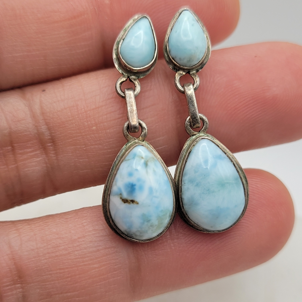 Gorgeous Genuine Larimar Sterling Silver Teardrop Earrings